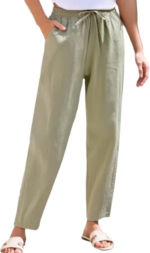 Linen Pants Women Casual Wide Leg Elastic Drawstring Pants Women Lounge Comfy Summer Beach Trousers with Pockets