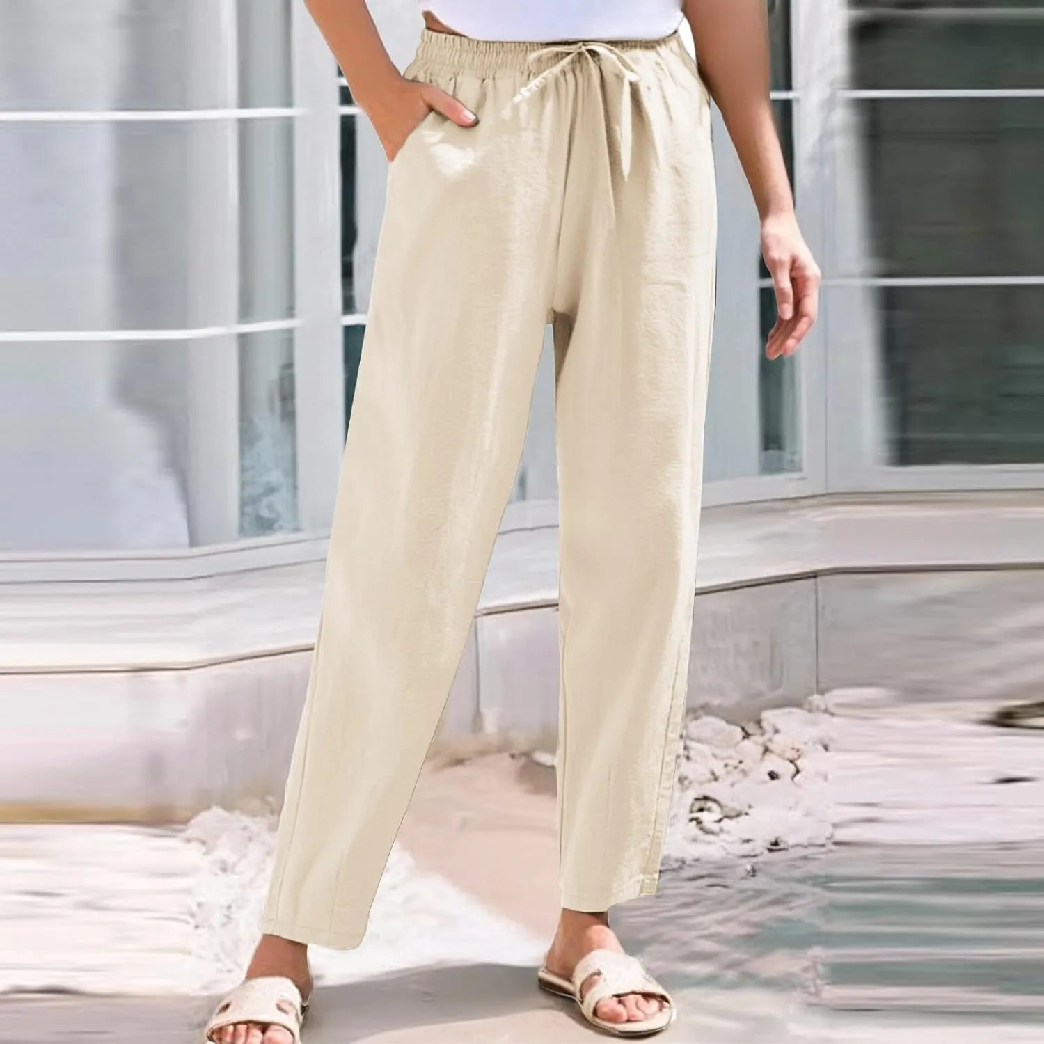 Linen Pants Women Casual Wide Leg Elastic Drawstring Pants Women Lounge Comfy Summer Beach Trousers with Pockets