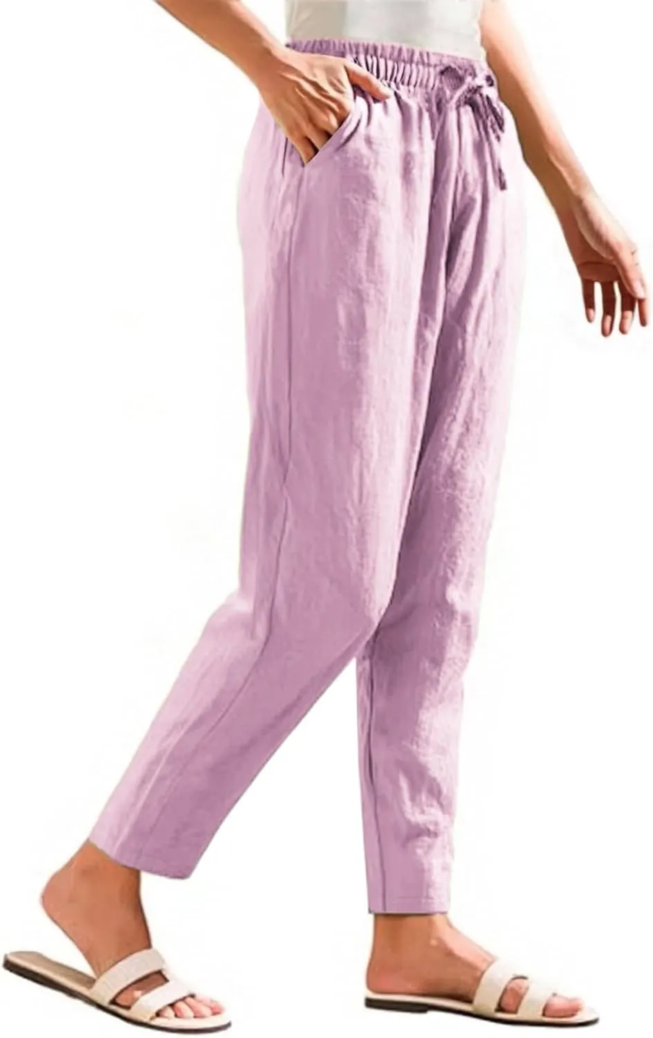 Linen Pants Women Casual Wide Leg Elastic Drawstring Pants Women Lounge Comfy Summer Beach Trousers with Pockets