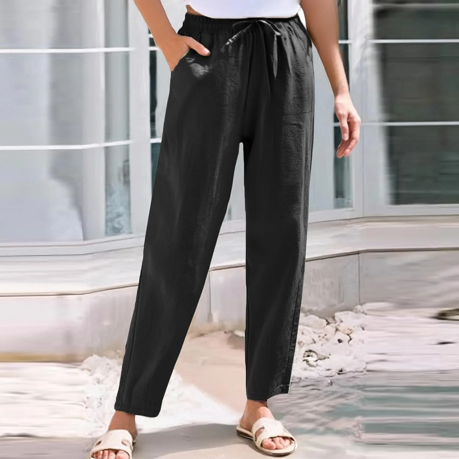 Linen Pants Women Casual Wide Leg Elastic Drawstring Pants Women Lounge Comfy Summer Beach Trousers with Pockets
