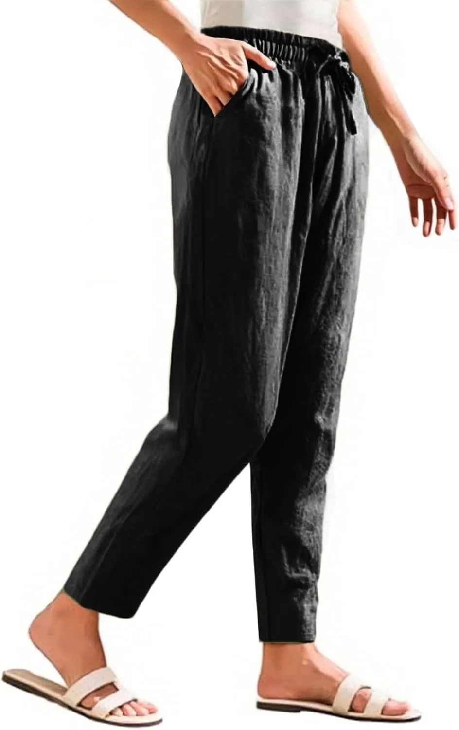 Linen Pants Women Casual Wide Leg Elastic Drawstring Pants Women Lounge Comfy Summer Beach Trousers with Pockets