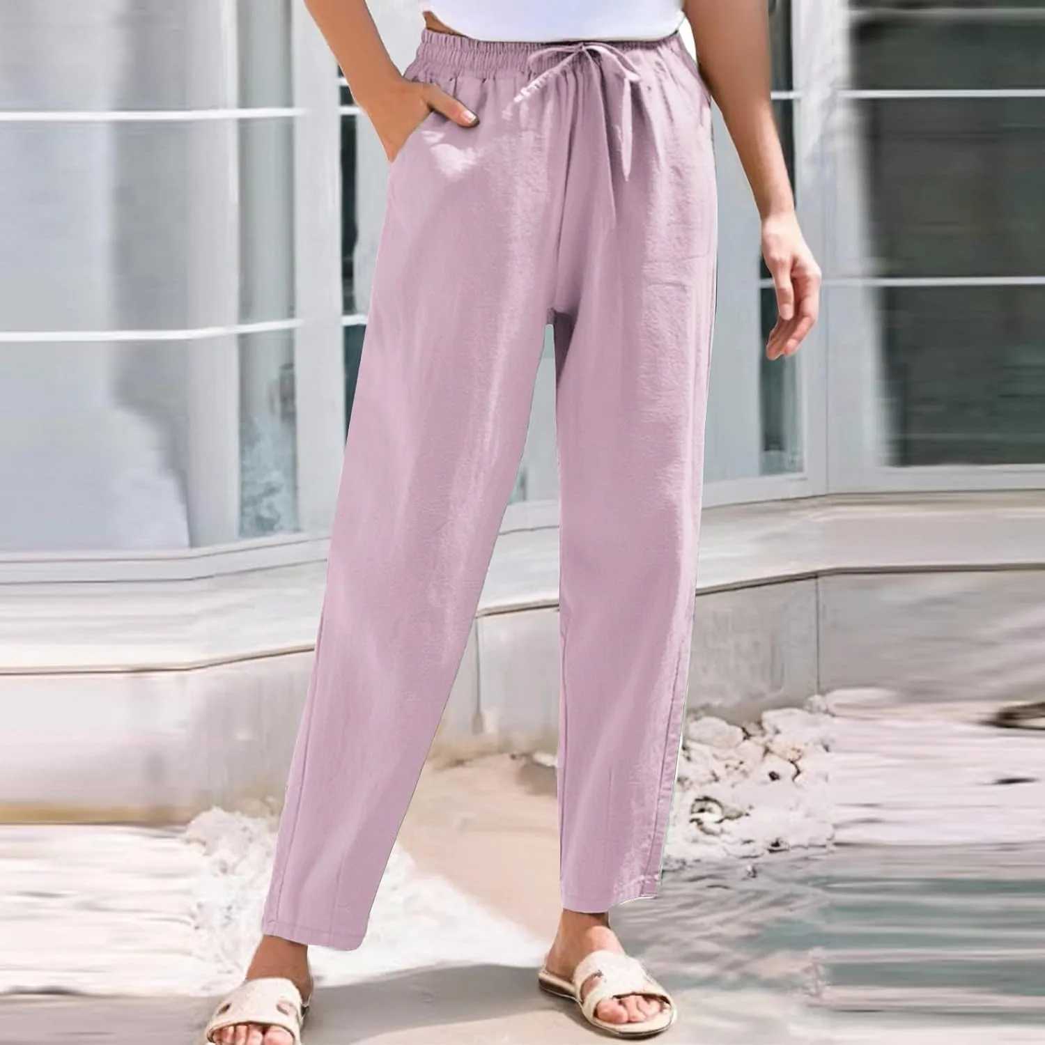 Linen Pants Women Casual Wide Leg Elastic Drawstring Pants Women Lounge Comfy Summer Beach Trousers with Pockets