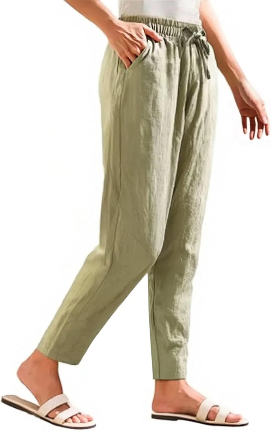 Linen Pants Women Casual Wide Leg Elastic Drawstring Pants Women Lounge Comfy Summer Beach Trousers with Pockets