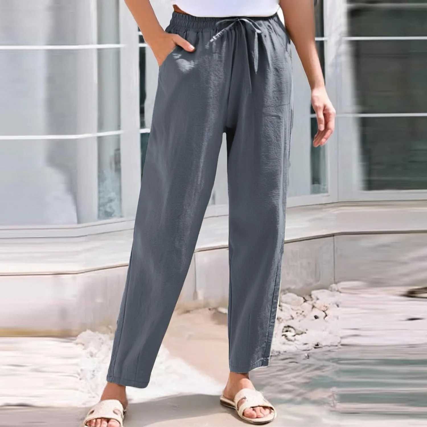 Linen Pants Women Casual Wide Leg Elastic Drawstring Pants Women Lounge Comfy Summer Beach Trousers with Pockets