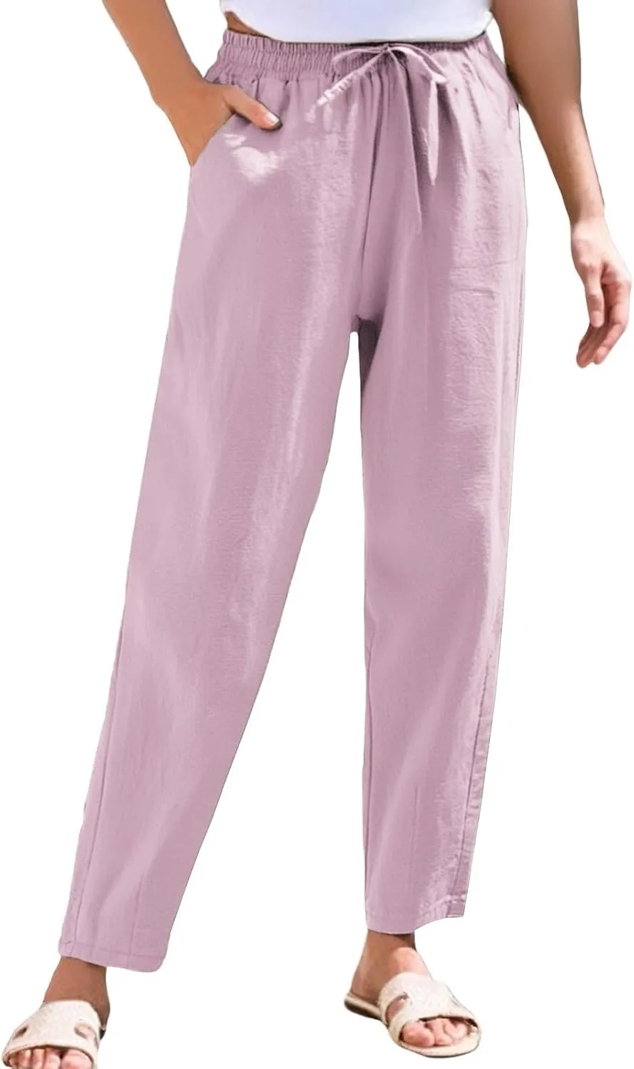 Linen Pants Women Casual Wide Leg Elastic Drawstring Pants Women Lounge Comfy Summer Beach Trousers with Pockets