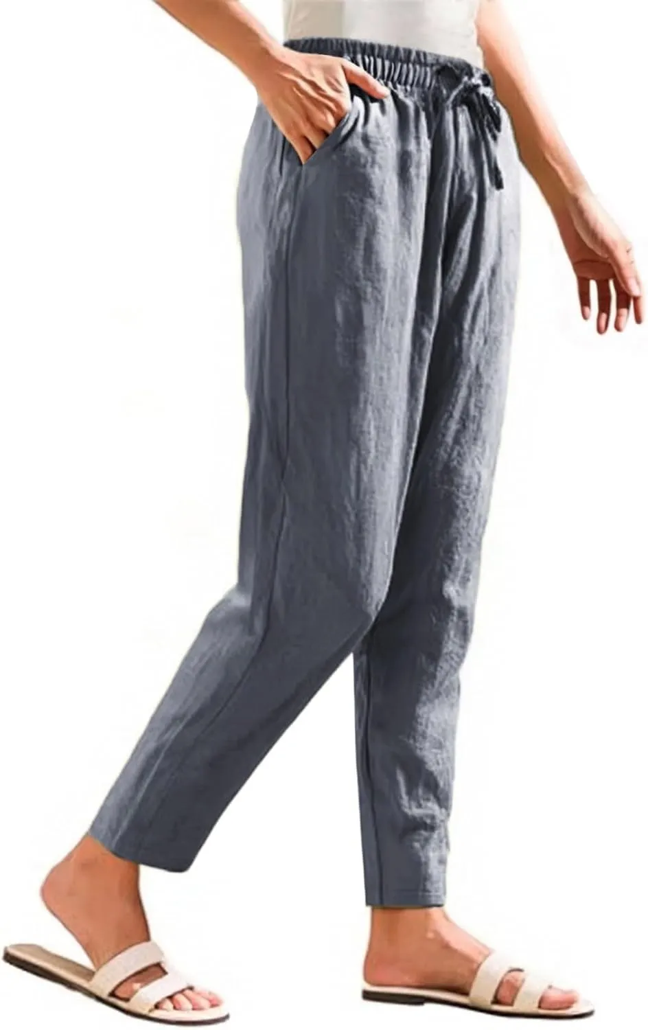 Linen Pants Women Casual Wide Leg Elastic Drawstring Pants Women Lounge Comfy Summer Beach Trousers with Pockets