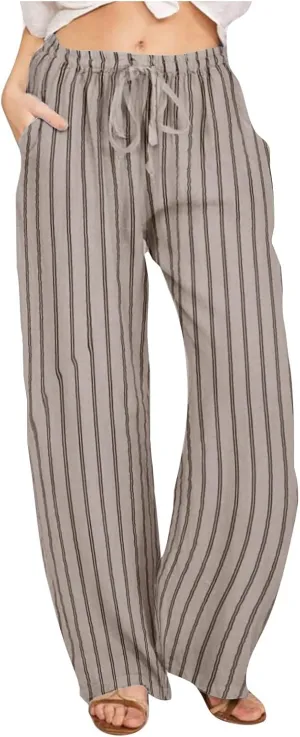 Linen Pants Women High Waisted Wide Leg Palazzo Pants Lightweight Summer Elastic Waist Casual Lounge Trousers