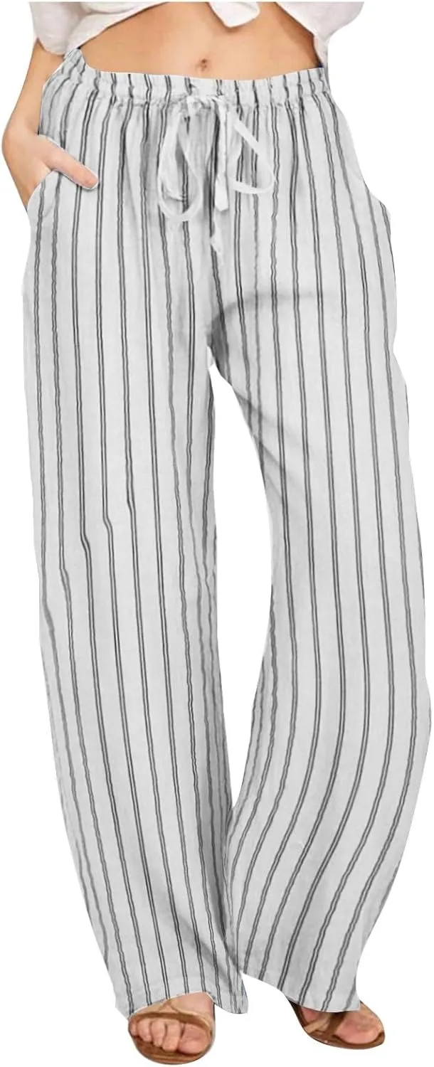 Linen Pants Women High Waisted Wide Leg Palazzo Pants Lightweight Summer Elastic Waist Casual Lounge Trousers