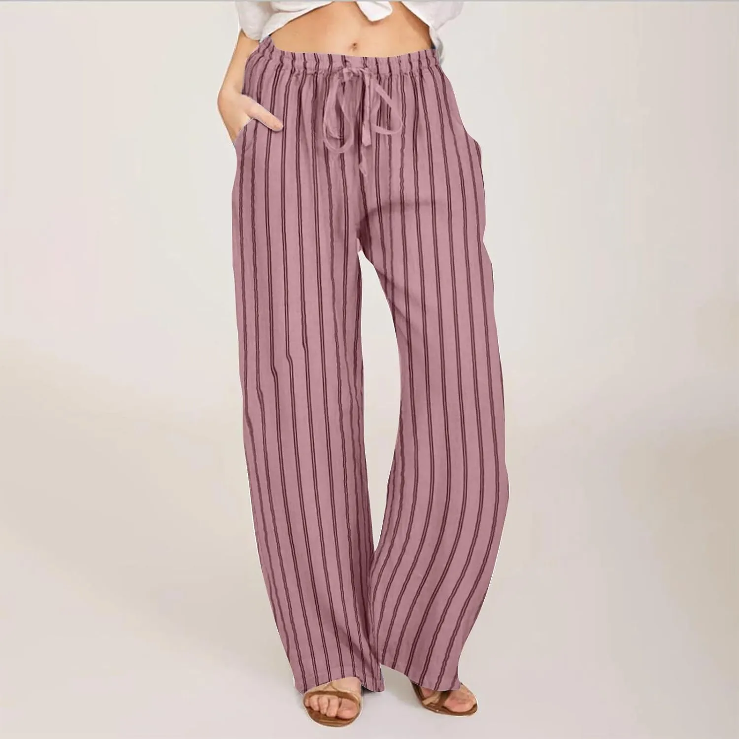 Linen Pants Women High Waisted Wide Leg Palazzo Pants Lightweight Summer Elastic Waist Casual Lounge Trousers