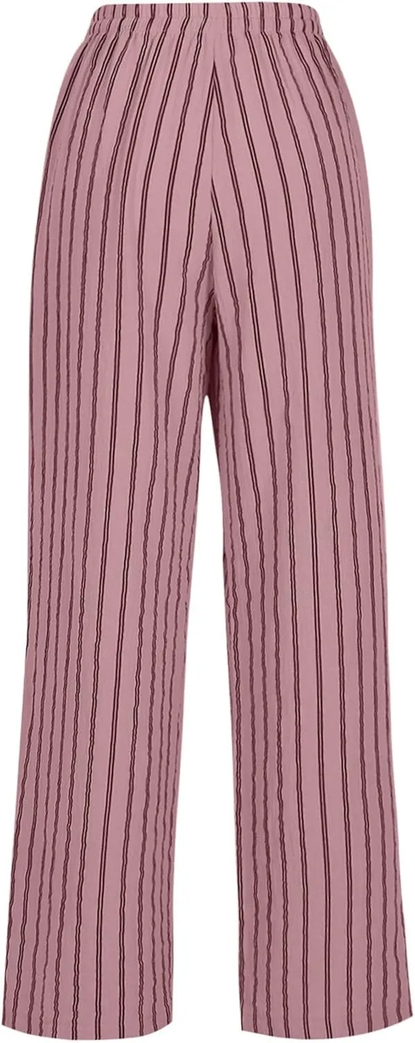 Linen Pants Women High Waisted Wide Leg Palazzo Pants Lightweight Summer Elastic Waist Casual Lounge Trousers