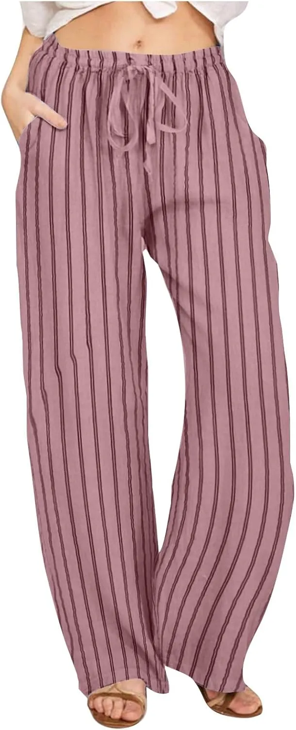 Linen Pants Women High Waisted Wide Leg Palazzo Pants Lightweight Summer Elastic Waist Casual Lounge Trousers