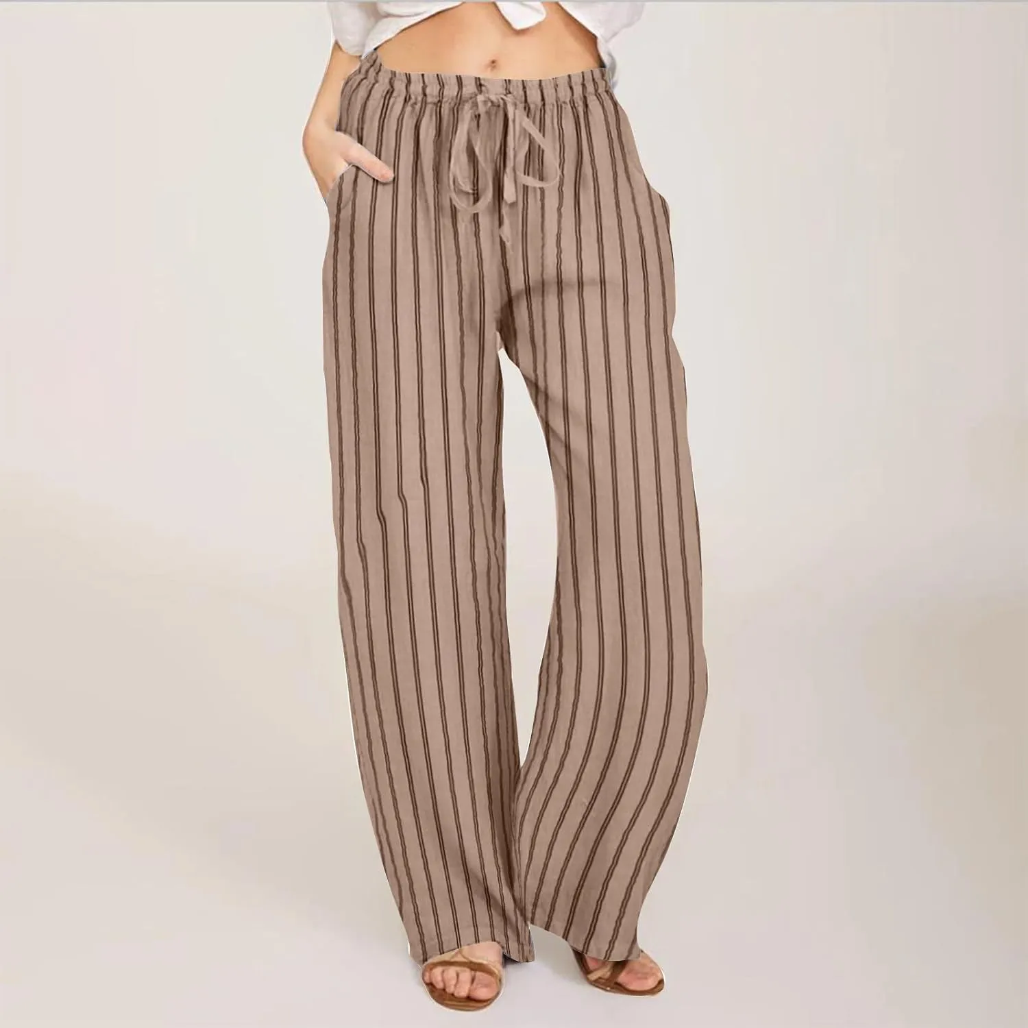 Linen Pants Women High Waisted Wide Leg Palazzo Pants Lightweight Summer Elastic Waist Casual Lounge Trousers