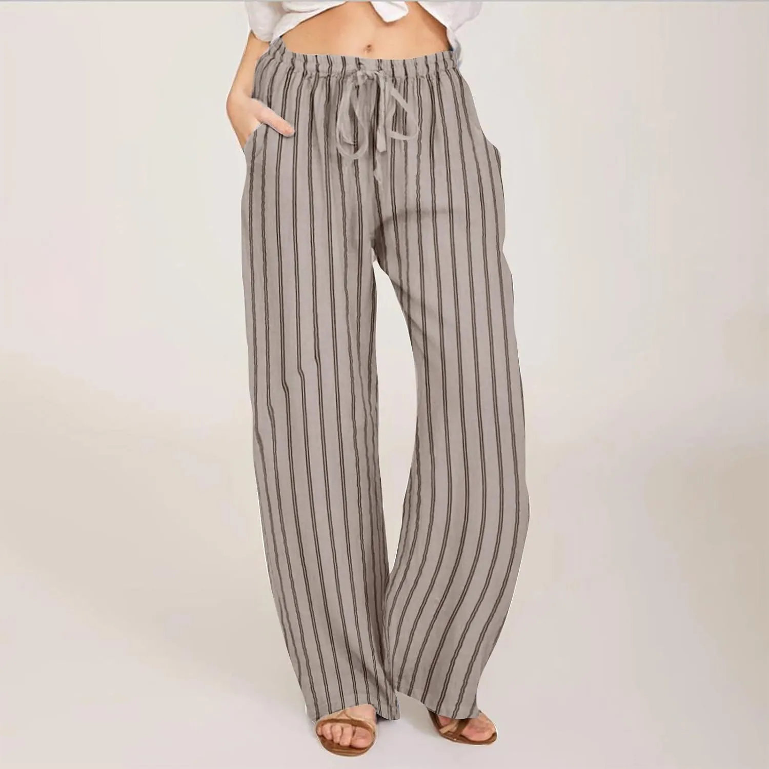 Linen Pants Women High Waisted Wide Leg Palazzo Pants Lightweight Summer Elastic Waist Casual Lounge Trousers