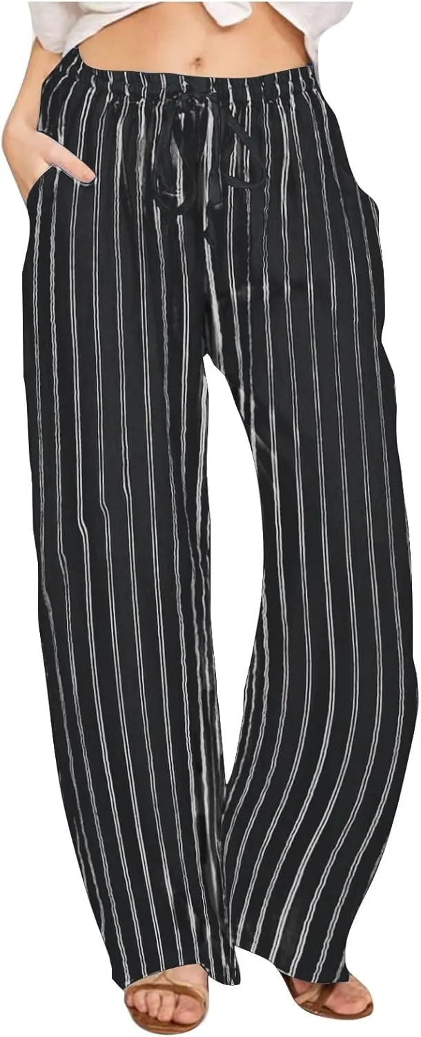Linen Pants Women High Waisted Wide Leg Palazzo Pants Lightweight Summer Elastic Waist Casual Lounge Trousers