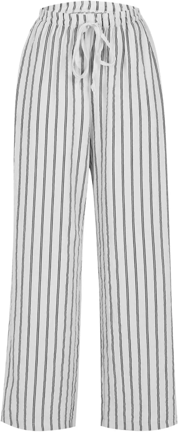 Linen Pants Women High Waisted Wide Leg Palazzo Pants Lightweight Summer Elastic Waist Casual Lounge Trousers