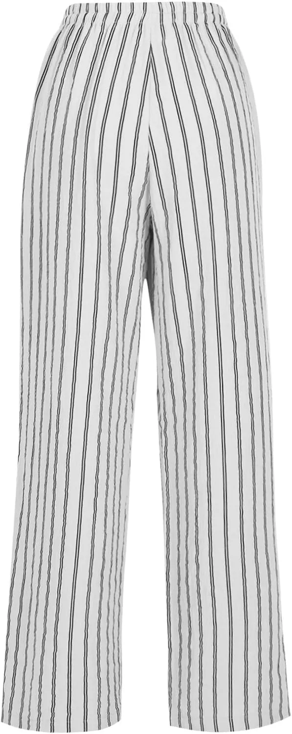 Linen Pants Women High Waisted Wide Leg Palazzo Pants Lightweight Summer Elastic Waist Casual Lounge Trousers