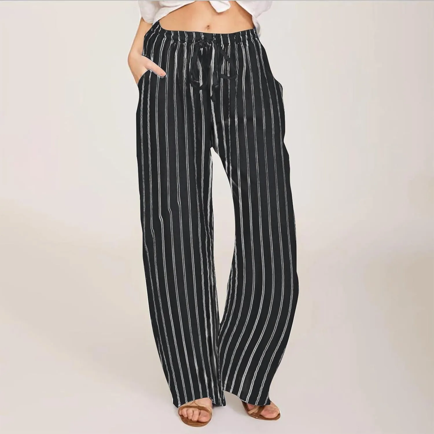 Linen Pants Women High Waisted Wide Leg Palazzo Pants Lightweight Summer Elastic Waist Casual Lounge Trousers