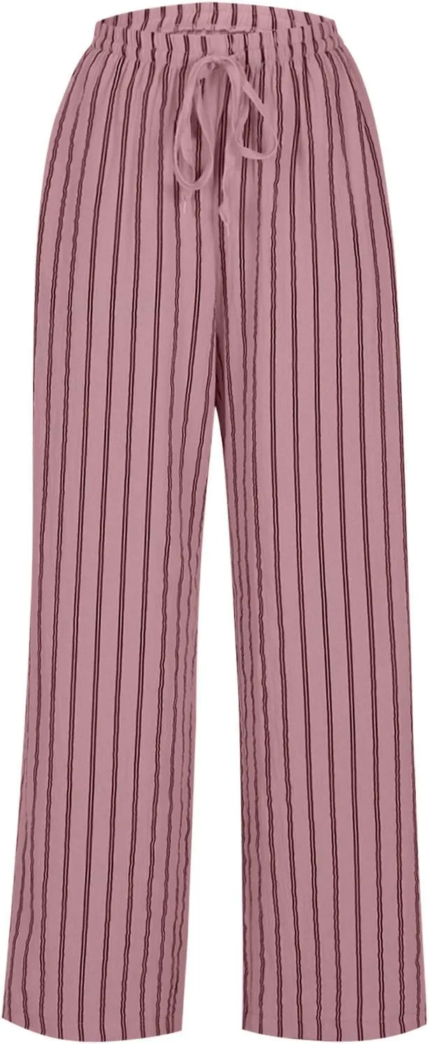 Linen Pants Women High Waisted Wide Leg Palazzo Pants Lightweight Summer Elastic Waist Casual Lounge Trousers