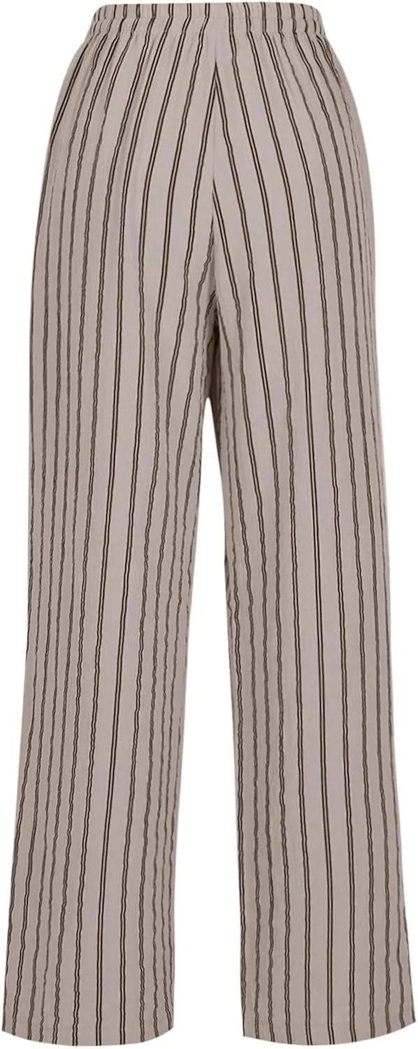 Linen Pants Women High Waisted Wide Leg Palazzo Pants Lightweight Summer Elastic Waist Casual Lounge Trousers