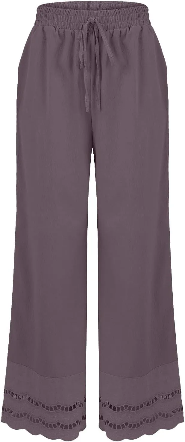 Linen Pants Women Lounge Trousers Drawstring Elastic Waist Summer Boho Palazzo Vintage Pants with Pockets