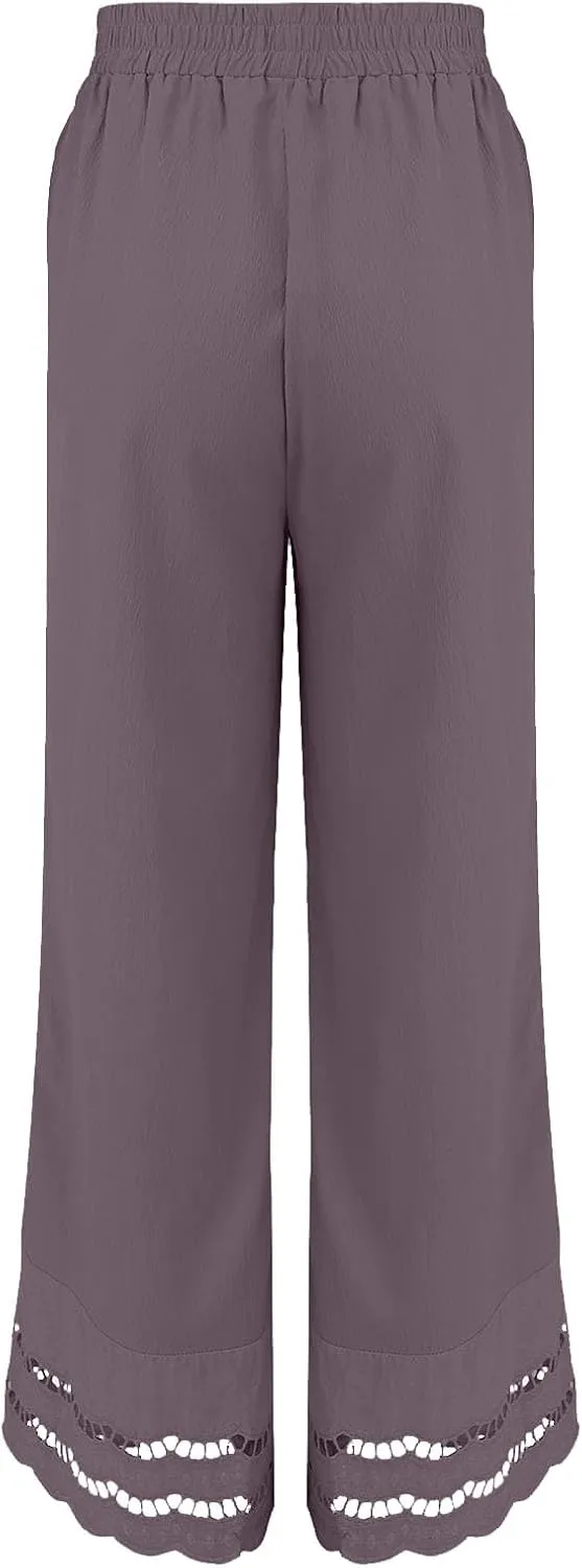 Linen Pants Women Lounge Trousers Drawstring Elastic Waist Summer Boho Palazzo Vintage Pants with Pockets