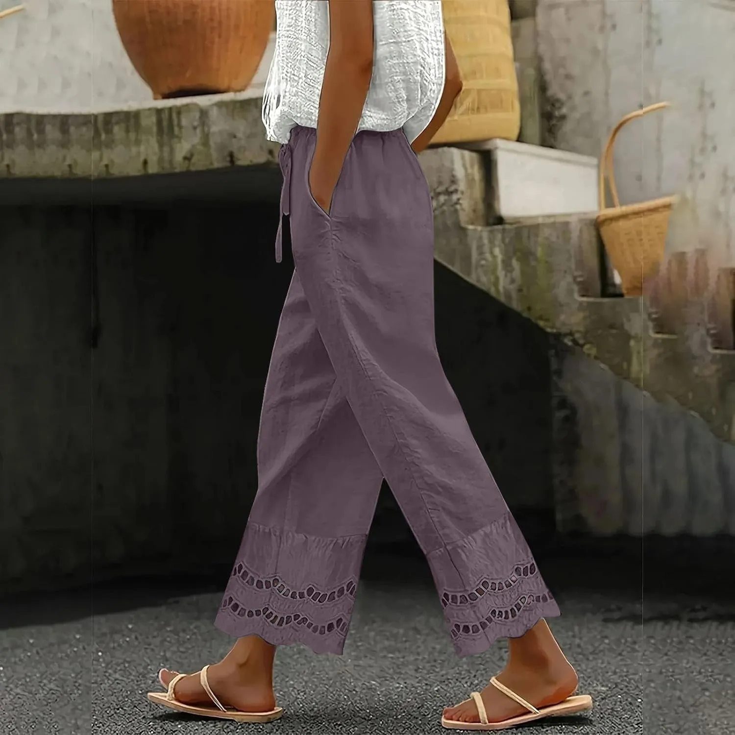Linen Pants Women Lounge Trousers Drawstring Elastic Waist Summer Boho Palazzo Vintage Pants with Pockets