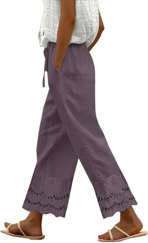 Linen Pants Women Lounge Trousers Drawstring Elastic Waist Summer Boho Palazzo Vintage Pants with Pockets