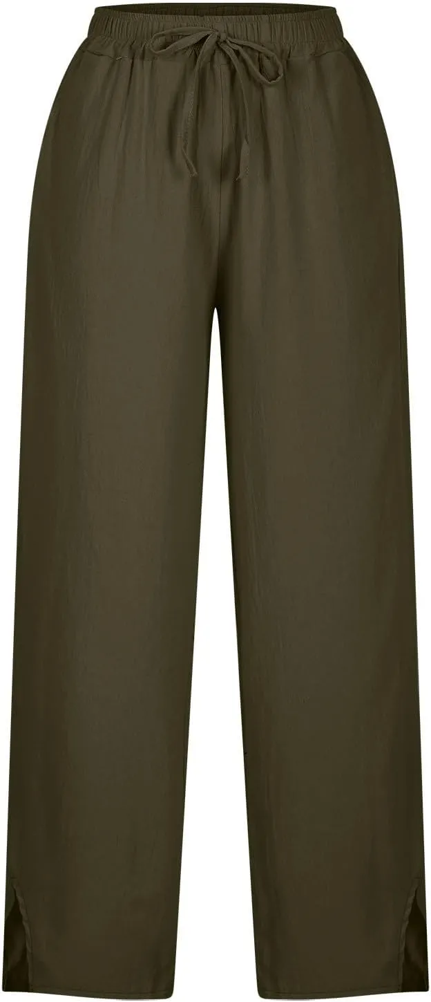 Linen Pants Women Split Hem Straight Leg Casual Summer Pant Drawstring Elastic Waist Beach Trousers with Pockets