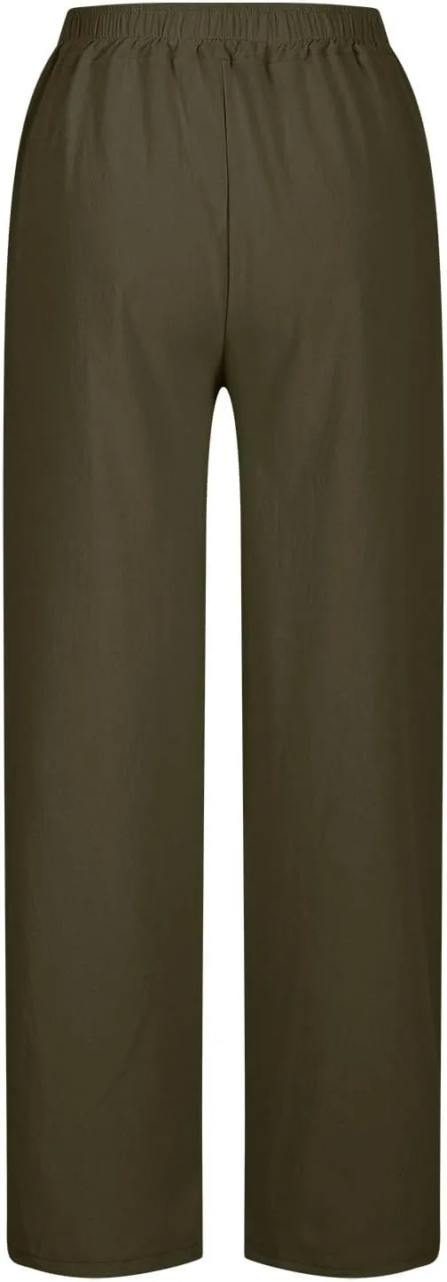 Linen Pants Women Split Hem Straight Leg Casual Summer Pant Drawstring Elastic Waist Beach Trousers with Pockets