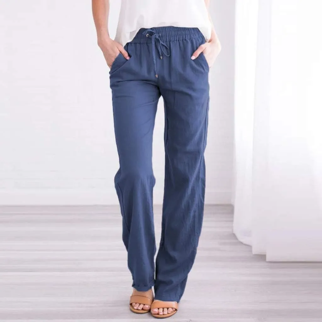Linen Pants Women Straight Leg Lounge Pants Elastic Waist Drawstring Pants Lightweight Trousers Summer Loose Pants