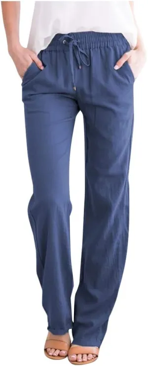 Linen Pants Women Straight Leg Lounge Pants Elastic Waist Drawstring Pants Lightweight Trousers Summer Loose Pants
