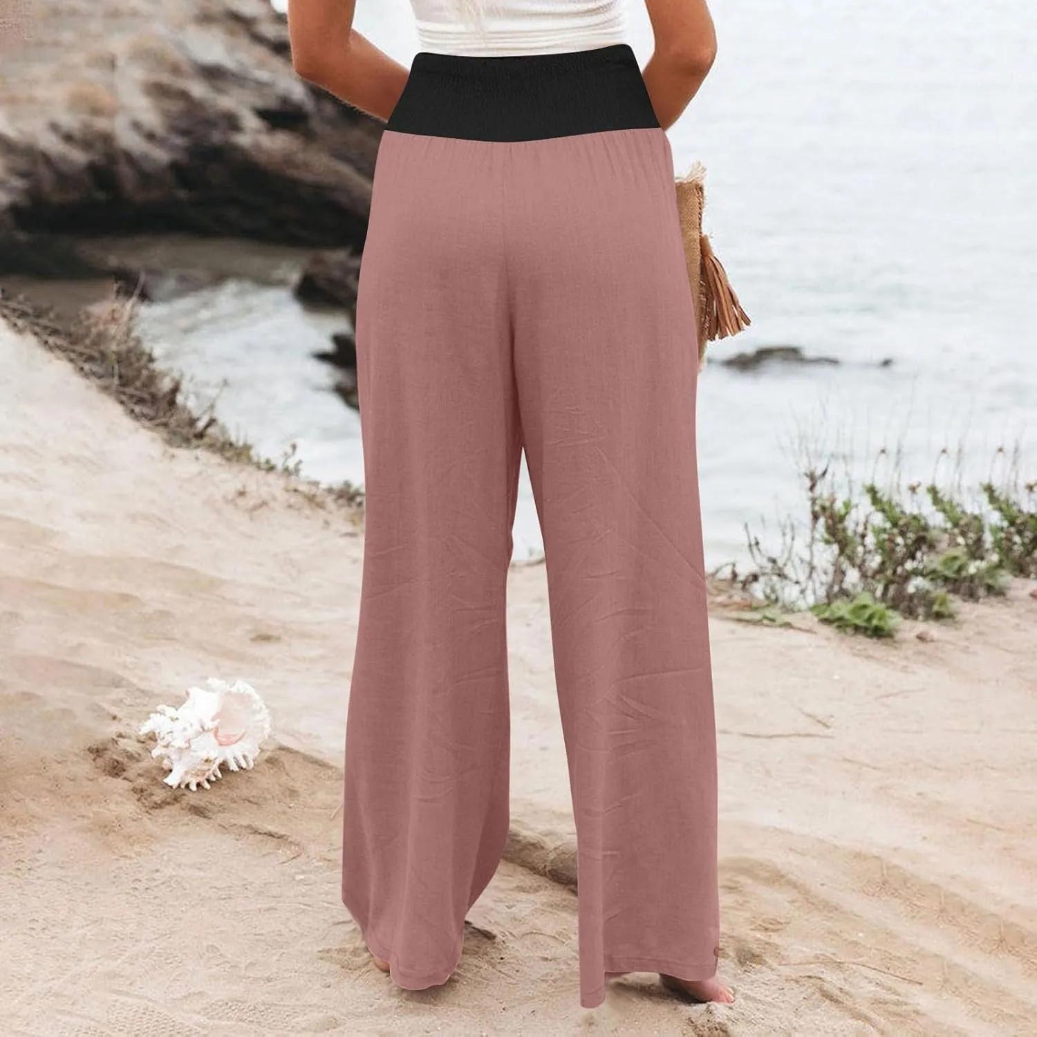 Linen Pants Women Straight Leg Summer Beach Trousers Casual Palazzo with Pockets Drawstring Elastic Waist Pants