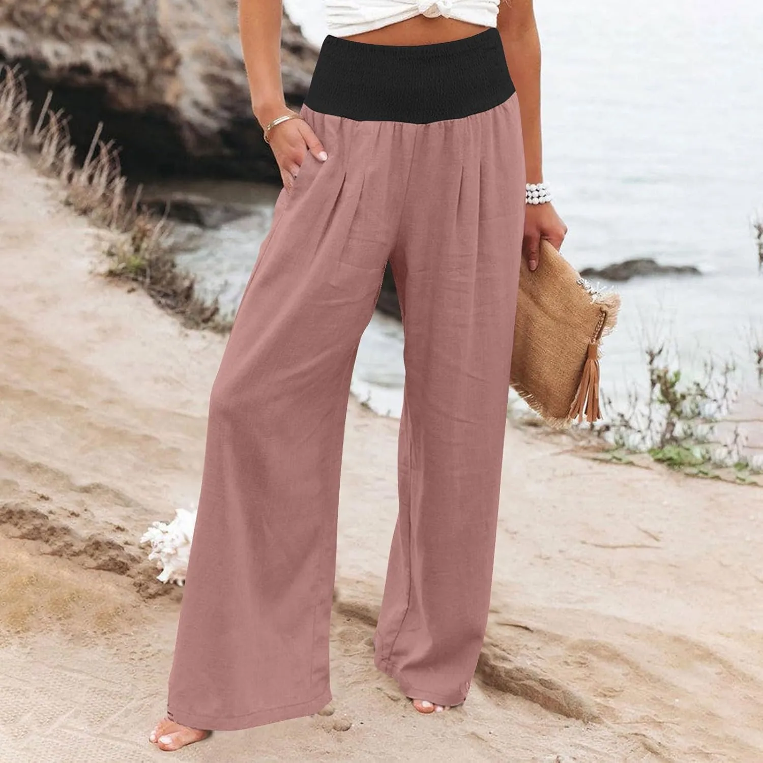Linen Pants Women Straight Leg Summer Beach Trousers Casual Palazzo with Pockets Drawstring Elastic Waist Pants