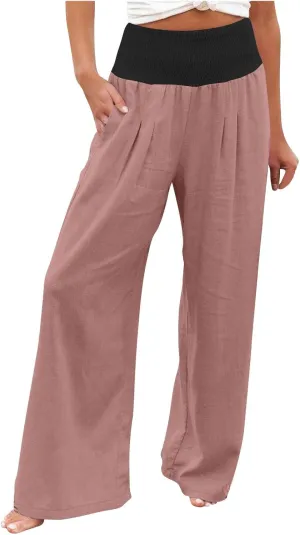 Linen Pants Women Straight Leg Summer Beach Trousers Casual Palazzo with Pockets Drawstring Elastic Waist Pants