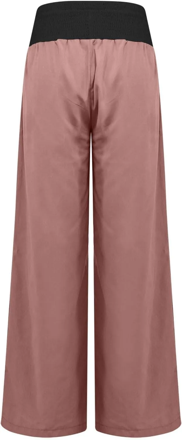 Linen Pants Women Straight Leg Summer Beach Trousers Casual Palazzo with Pockets Drawstring Elastic Waist Pants