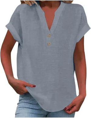 Linen Tops for Women Oversized Crew Neck Summer Short Sleeve Linen Tee Shirts Solid Casual Comfy Blouses Top