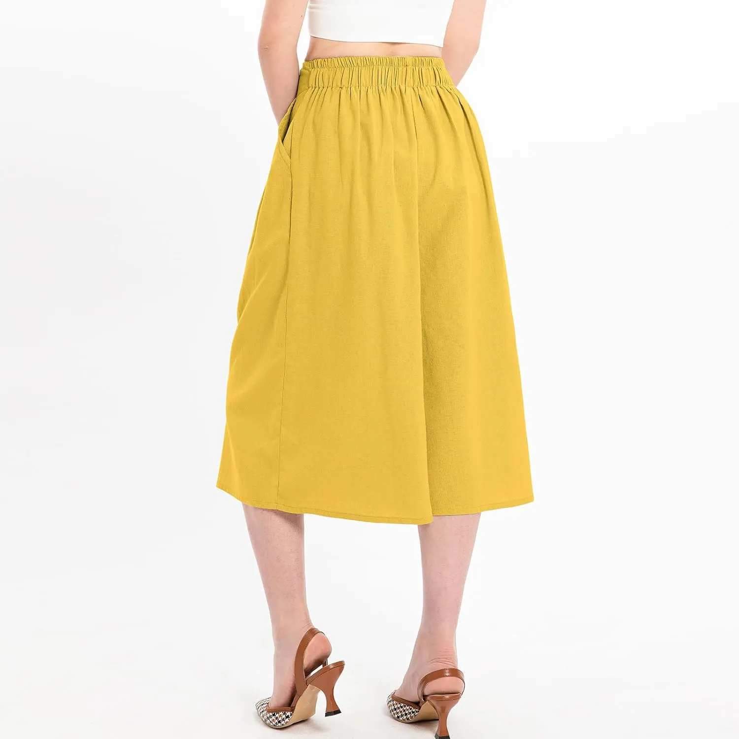 Lisskolo Women's Baggy Linen Wide Leg Palazzo Capris Pull On Embriodered Solid Summer Beach Cropped Culottes Pants Pocketed