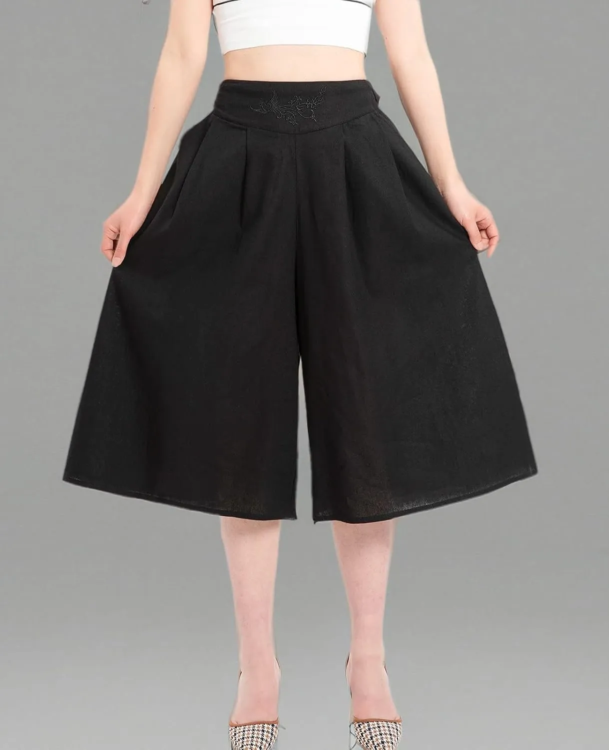 Lisskolo Women's Baggy Linen Wide Leg Palazzo Capris Pull On Embriodered Solid Summer Beach Cropped Culottes Pants Pocketed