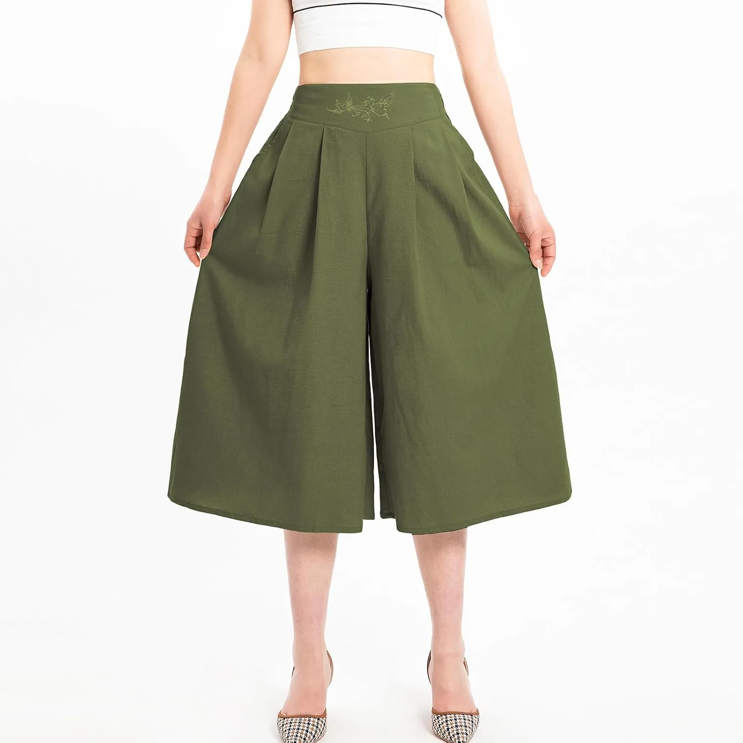 Lisskolo Women's Baggy Linen Wide Leg Palazzo Capris Pull On Embriodered Solid Summer Beach Cropped Culottes Pants Pocketed
