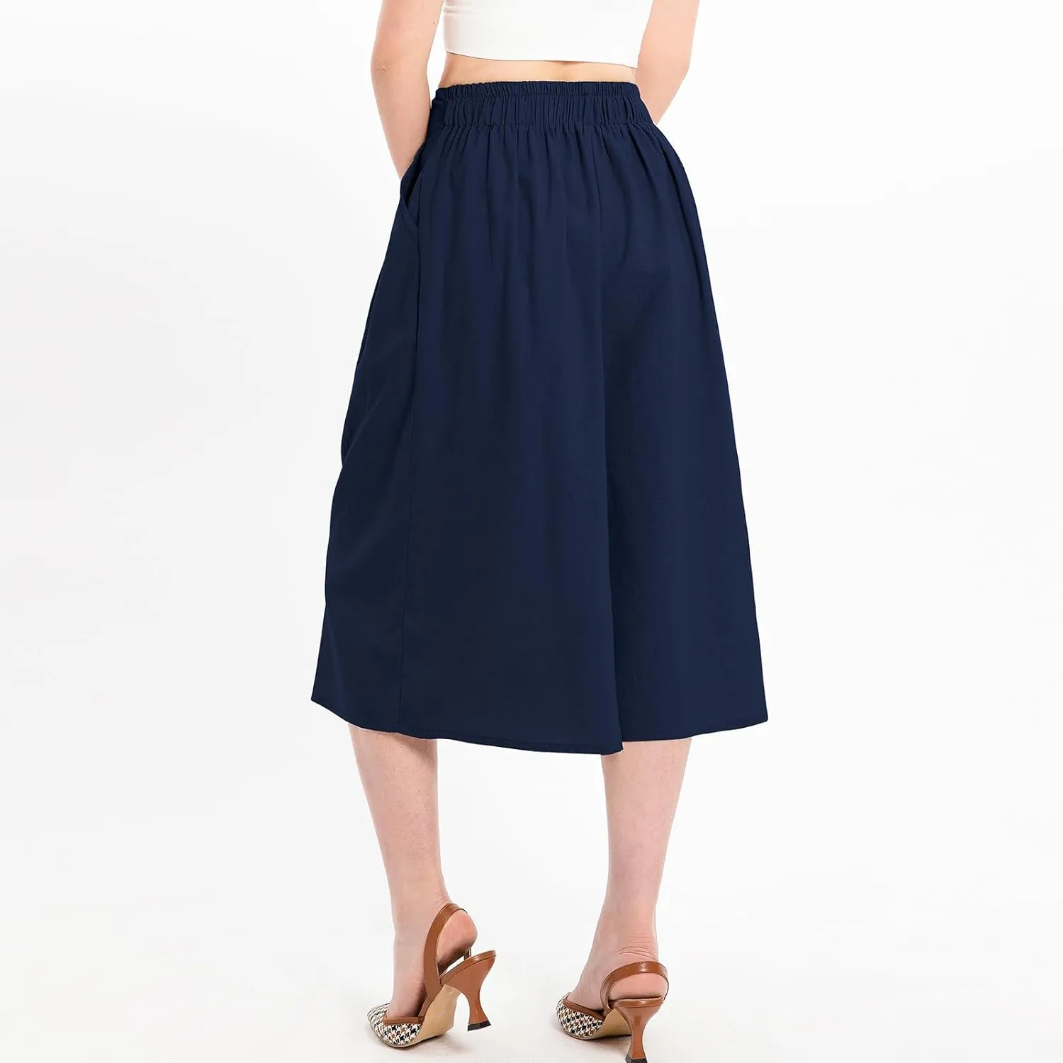 Lisskolo Women's Baggy Linen Wide Leg Palazzo Capris Pull On Embriodered Solid Summer Beach Cropped Culottes Pants Pocketed