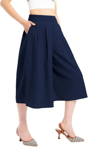 Lisskolo Women's Baggy Linen Wide Leg Palazzo Capris Pull On Embriodered Solid Summer Beach Cropped Culottes Pants Pocketed
