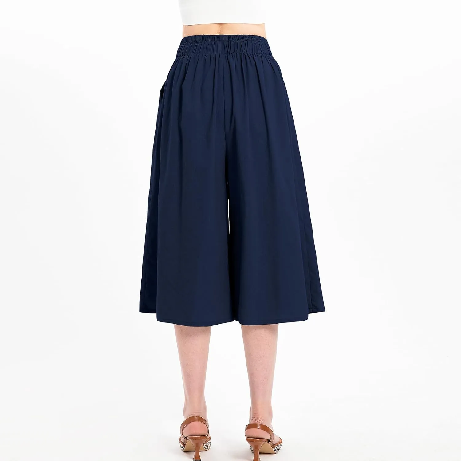 Lisskolo Women's Baggy Linen Wide Leg Palazzo Capris Pull On Embriodered Solid Summer Beach Cropped Culottes Pants Pocketed