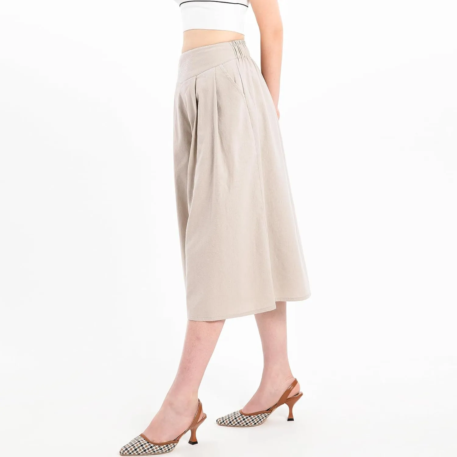 Lisskolo Women's Baggy Linen Wide Leg Palazzo Capris Pull On Embriodered Solid Summer Beach Cropped Culottes Pants Pocketed