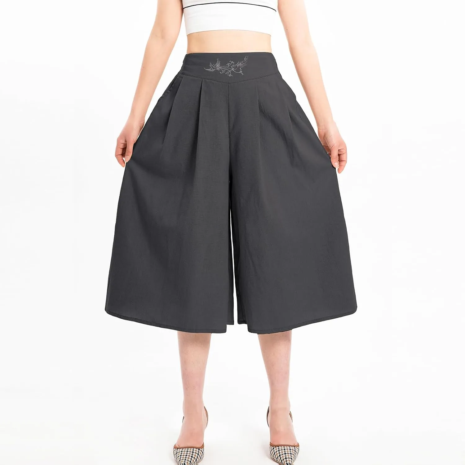 Lisskolo Women's Baggy Linen Wide Leg Palazzo Capris Pull On Embriodered Solid Summer Beach Cropped Culottes Pants Pocketed