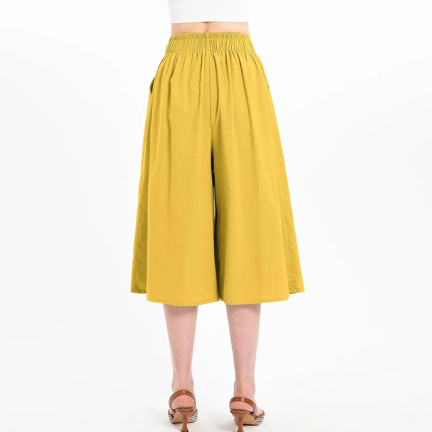 Lisskolo Women's Baggy Linen Wide Leg Palazzo Capris Pull On Embriodered Solid Summer Beach Cropped Culottes Pants Pocketed