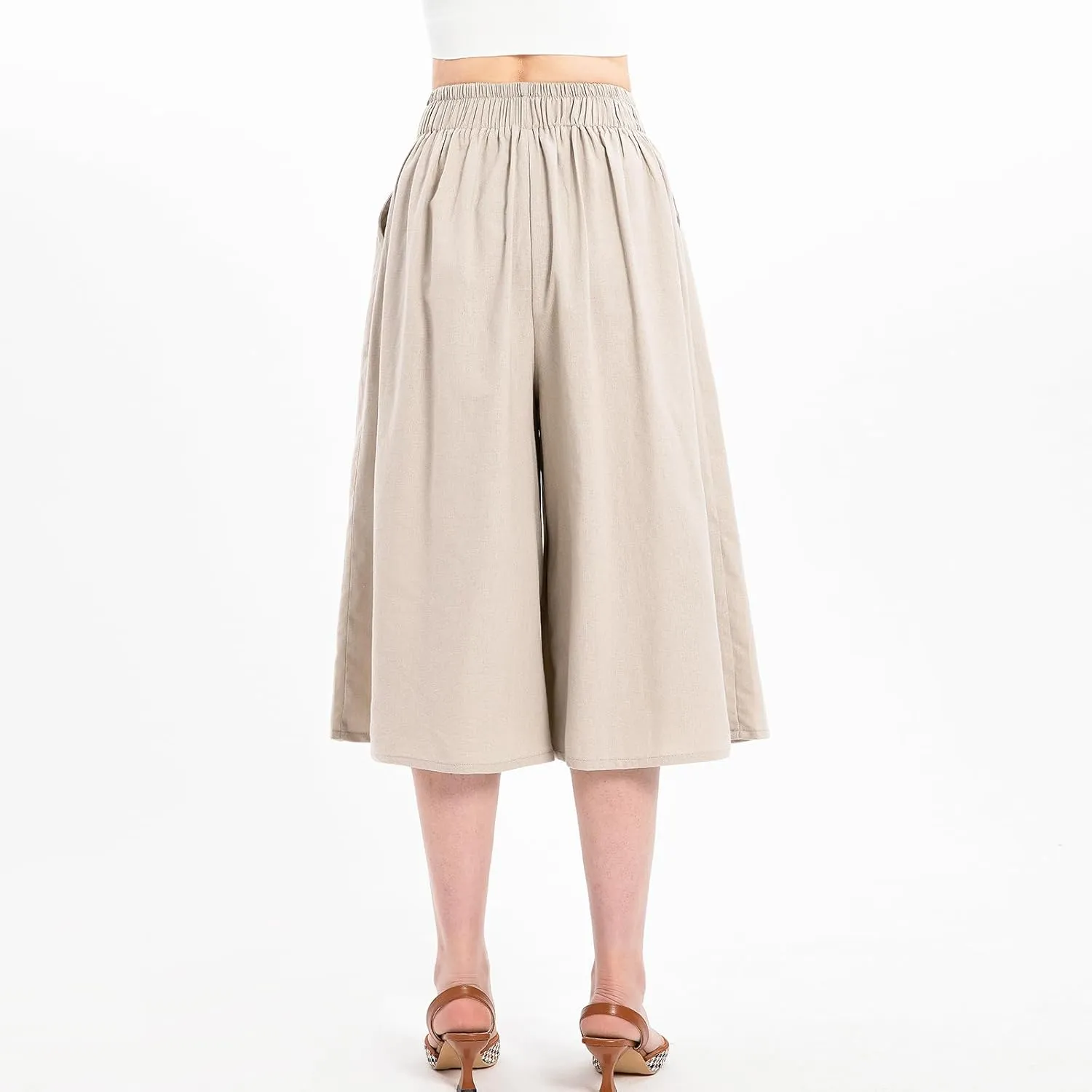 Lisskolo Women's Baggy Linen Wide Leg Palazzo Capris Pull On Embriodered Solid Summer Beach Cropped Culottes Pants Pocketed