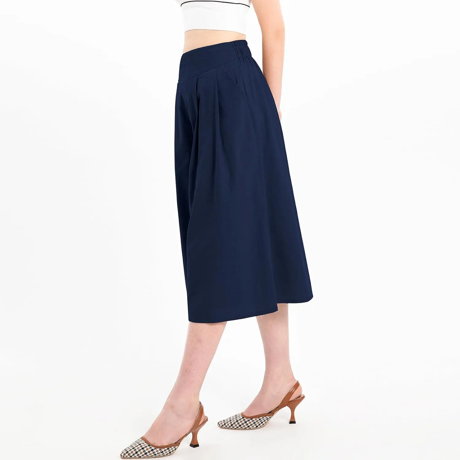 Lisskolo Women's Baggy Linen Wide Leg Palazzo Capris Pull On Embriodered Solid Summer Beach Cropped Culottes Pants Pocketed