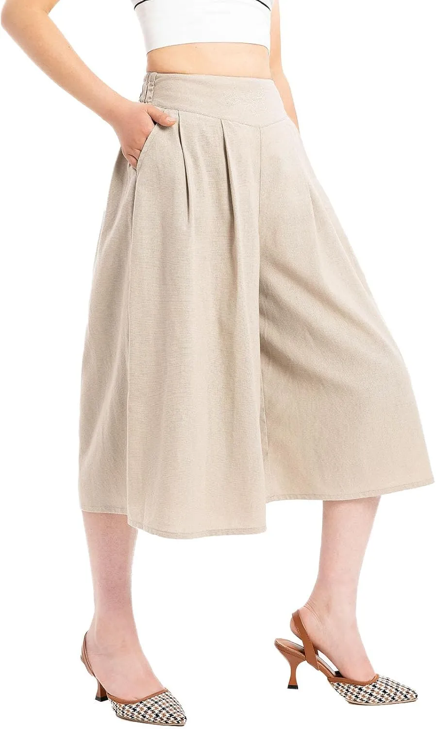 Lisskolo Women's Baggy Linen Wide Leg Palazzo Capris Pull On Embriodered Solid Summer Beach Cropped Culottes Pants Pocketed