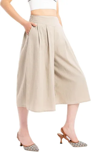 Lisskolo Women's Baggy Linen Wide Leg Palazzo Capris Pull On Embriodered Solid Summer Beach Cropped Culottes Pants Pocketed