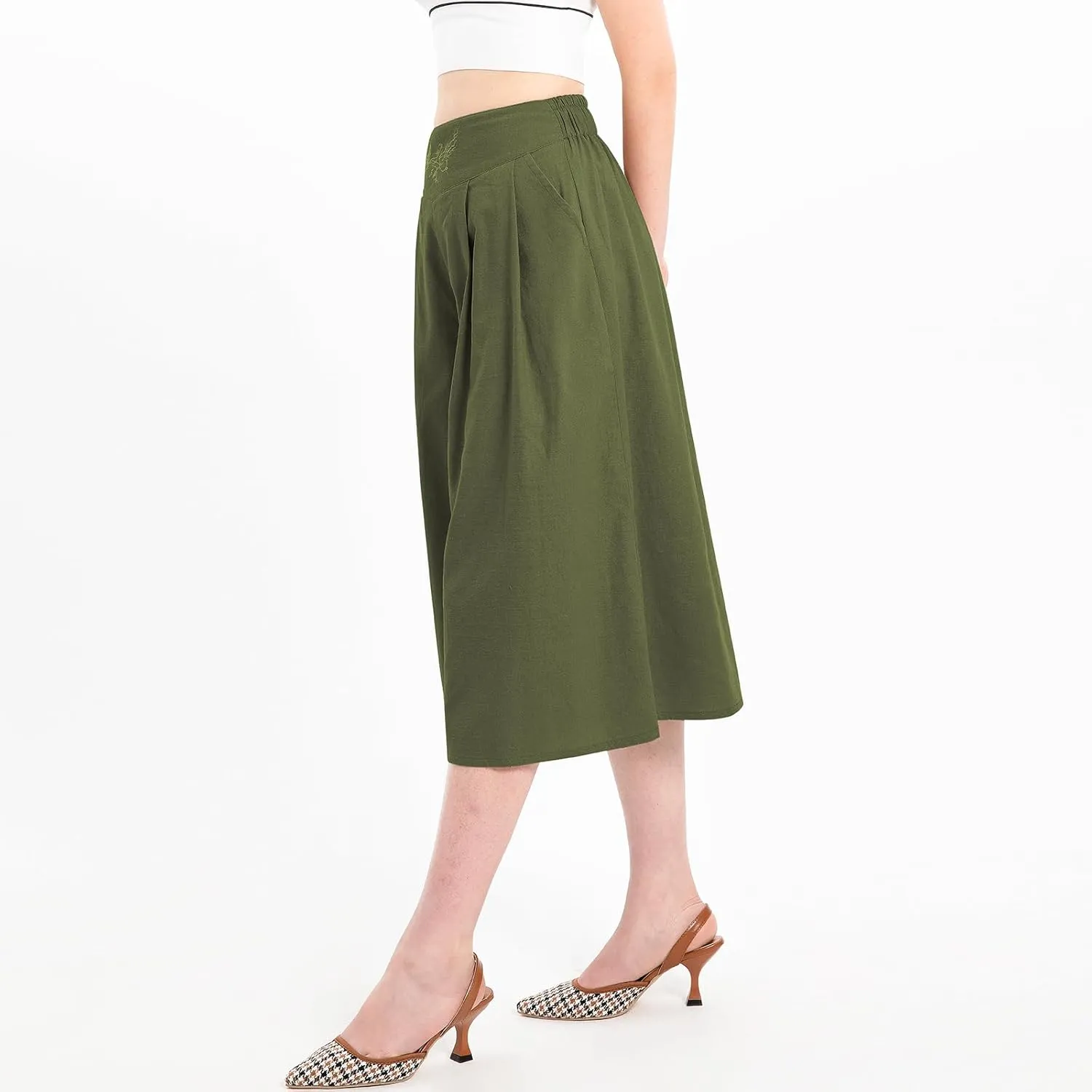 Lisskolo Women's Baggy Linen Wide Leg Palazzo Capris Pull On Embriodered Solid Summer Beach Cropped Culottes Pants Pocketed